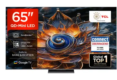 TCL 65Q8C 65 Zoll QD Mini LED, 4K HDR Premium 4500, ZeroBorder™, Smart Google TV, CrystGlow WHVA Panel, Audio von Bang & Olufsen, 144 Hz Motion Clarity Pro, Dolby Vision IQ & Atmos