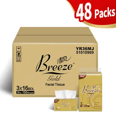 BREEZE GOLD Facial Tissue M Size 3 ply 150 sheets x 48 packs(3x16), total 7200 sheets, soft & skin-friendly, strong when wet, for living room, dining table, bedroom, office, family bulk buy