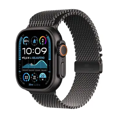 Apple Watch Ultra 2 (GPS + Cellular 49 mm) Smartwatch, Sportuhr mit Titangehäuse in Schwarz und Milanaise Armband in Titan Schwarz (M). Fitnesstracker, präzises GPS, Actiontaste, CO₂ neutral