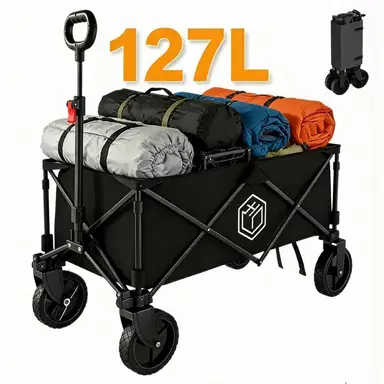 ochama Chariot de Camping Pliable 127L Noir, Charge 200kg, Capacité de Stockage 250L, Double Frein et Roues Multidirectionnelles, Tissu Oxford, Camping Pique-nique Course Déménagement