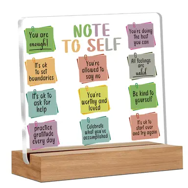 Alphynix 1pc Self-Care Acrylic Plaque, Wood Base Stand with 12 Colorful Note Design Featuring "You are enough" & "It's ok to set boundaries" Affirmations, Mental Wellness Desk Decor