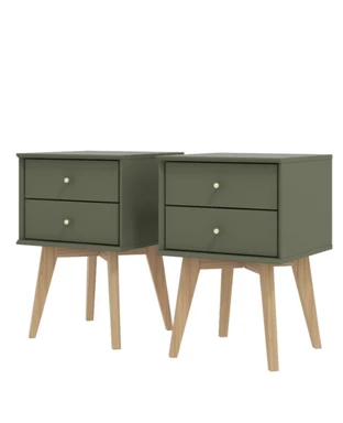 Set aus 2 Galano Abby Nachttischen mit Schubladen - 39,5 x 39,5 x 59 cm, Schlafzimmermöbel in Dunkelgrün