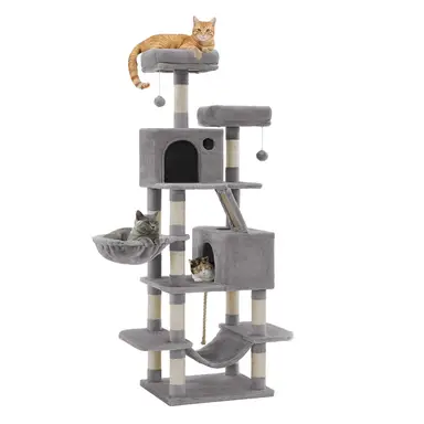 SONGMICS Arbre à chat avec 13 poteaux à griffer, 1 rampe, 2 perchoirs, 2 niches, panier, hamac, pompons, gris clair - 168 cm