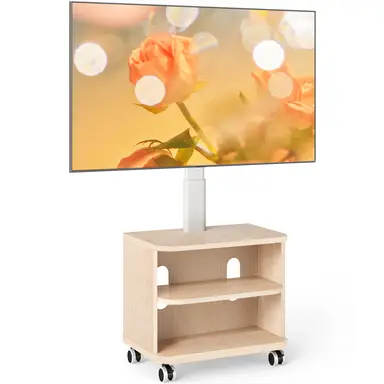 5Rcom White TV Stand on Wheels for 32-65 inch TVs，up to 40kgs, Mobile TV Stand with Wooden Shelves Max VESA 400x400mm