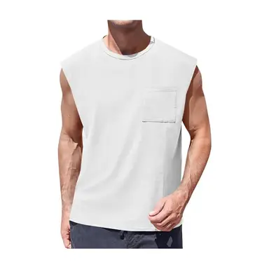 Men's Sleeveless Tank Tops Workout Cut Off Shirts Muscle Gym T Shirts with Pocket (White, M)