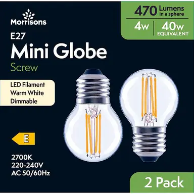 Morrisons Light Bulb LED Mini Globe Filament Screw E27 Warm White 4W 470 Lumens Dimmable 2pcs