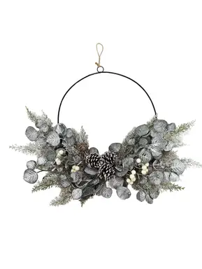 Daisy Darcy 50cm Foliage Frosted Half Wreath with Natural Material Pinecone