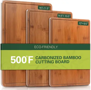 VVM Gecarboniseerde bamboe snijplanken voor de keuken, XL duurzame houten snijplank met sapgroeven en handgrepen, set van 3 stevige serveer- en borrelplanken voor maaltijdvoorbereiding en serveren