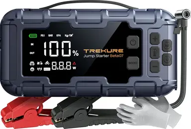 TREKURE Beta07Auto-Starthilfegerät 12V Auto-Notstartgerät & Luftkompressor ,8000A Spitzenstrom, 160PSI, 3.3" Smart-Display, 45W PD Schnellladung, 600LM LED-Notleuchte, inkl. Isolierhandschuhe