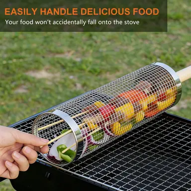 Huacan Barbecue Cage Round Barbecue Bucket Outdoor Smoked Cage Portable Barbecue Stove Rotating Rolling Stainless Steel Cage Large