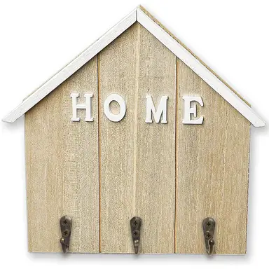 Alphynix 1pc House-Shaped Key Holder, "HOME" Wall Mounted Organizer with 3 Antique Metal Hooks, Entryway Storage Rack for Keys & Mail, Wooden