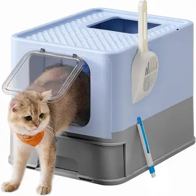 FEANDREA Katzenstreuwanne mit Deckel, verlängerbare Ablage, Schaufel und Bürste für Katzen bis 15kg, weniger Kratzer, undurchlässige Basis, hellblau, taubengrau, PPT001Q01