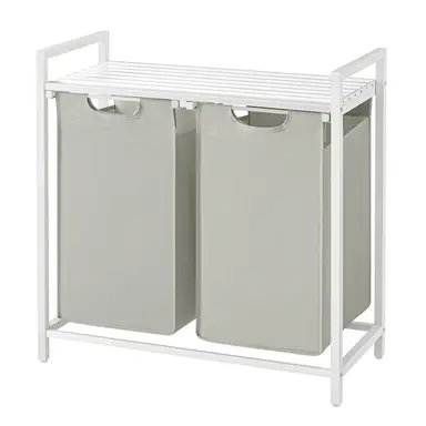 JOYFURNOS 2-vaks wasmand met uittrekbare & verwijderbare zakken, plank – metalen frame, 2 x 46 L, 73 x 33 x 72 cm, witte wasverdeler