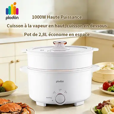 Plodon 1000 W 2,8 L Multifonctionnel Anti-adhésif Marmite électrique avec cuiseur vapeur Cuiseur électrique de voyage Fondue avec double contrôle de puissance pour nouilles ramen/pâtes/œufs/soupe/flocons d'avoine