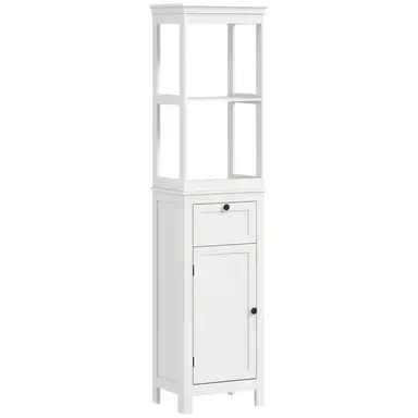 HOMCOM Tall Bathroom Cabinet, Slim Bathroom Storage Cabinet with 2 Open Shelves, Soft Close Door and Drawer, Adjustable Shelf, Narrow Cupboard Storage Unit, White