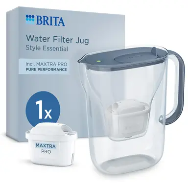 BRITA Water Filter Jug Style Essential Stone Blue incl 1x MAXTRA PRO Pure Performance - Fridge-Fitting Design Pitcher with Smart LED-LTI and Flip-Lid Reduces Chlorine, Limescale and Impurities