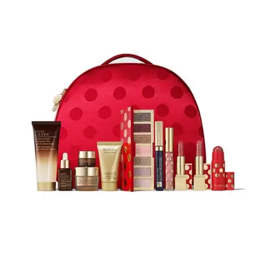 Estee Lauder 2025 Weihnachtsset (11 Teile) Serum 30 ml + Reiniger 75 ml + Gesichtscreme 15 ml + Augencreme 5 ml + Handcreme 30 ml + Lidschattenpalette 7 Farben + Rouge‑Stick 5 g + Mascara 6 ml + Lippenstift 3,5 g x2 + Lipgloss 2,7 ml + Kosmetiktasche