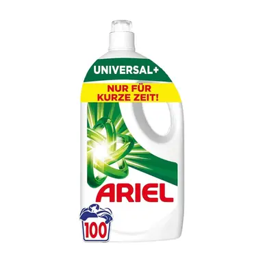 ARIEL Universal+ Flüssigwaschmittel, 100 Waschladungen (4,5L), Kraftvolle Fleckenentfernung ab der 1. Wäsche, Für Kaltwäsche