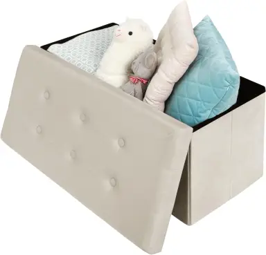 WOLTU Sitzbank mit Sitzkissen, Faltbare Aufbewahrungsbox Fußablage, Gepolsterter Sitz aus Samt, Max. statische Belastbarkeit 300 kg, 80 L, 76x37.5x38 cm, Cremeweiß