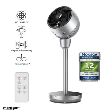 Monsga AC300 Standventilator für Schlafzimmer, 3D Luftzirkulator mit 120°+90° multidirektionaler Oszillation, 20dB Ultra-Leiser DC-Motor, 25m Luftstrom-Reichweite, 5 Stufen, 3 Modi, Magnetische Fernbedienungshalterung, 8H Timer, Metallic-Silber