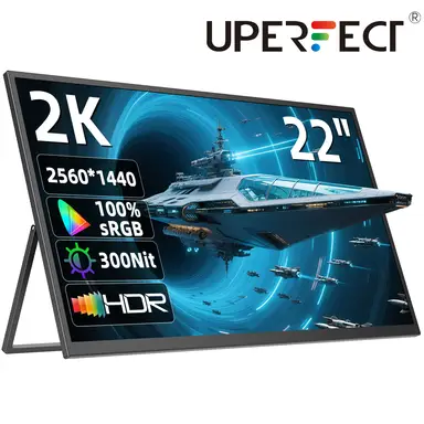 UPerfect 22 Zoll 2K tragbarer Monitor mit 2560 x 1440 QHD IPS, 180° verstellbarer Stand, USB‑C, Mini‑HDTV, Dual‑Lautsprecher, für Laptop, PC, PS4/5, Switch, Xbo, VESA‑kompatibel