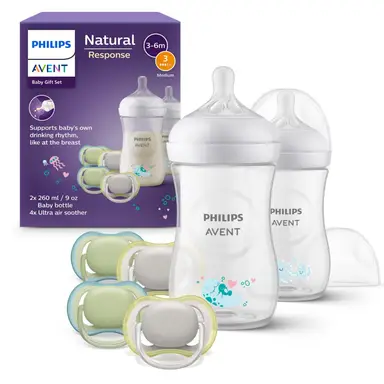 Philips Avent Natural Response Geschenkset für Babys: 2x Natural Response Flaschen 260 ml (ab 1 Monat), 4x Ultra Air Schnuller (0-6 Monate) (Modell SCD837/13)