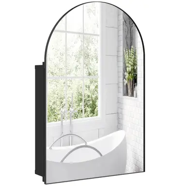 HOMCOM Arched Bathroom Mirror Cabinet, Metal Frame Bathroom Wall Cabinet with Mirror and Storage Shelves, 50 x 76 cm, Black