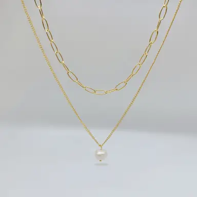 Double Layer Chain and Pearl 18K Gold Plated 40/50cm Necklace