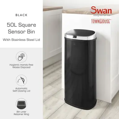 Swan 50L Square Sensor Bin Black