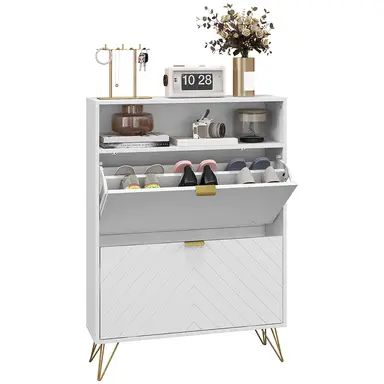 HOMCOM Narrow Shoe Cabinet with 2 Flip Drawers, Slim Shoe Storage Cabinet with Adjustable Shelves, Open Shelf, Hairpin Legs and 2 Vents for 12 Pairs of Shoes for Entryway, White