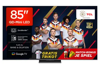 TCL 85Q8C 85 Zoll QD Mini LED TV, 4K HDR Premium 5000, ZeroBorder, Smart Google TV, CrystGlow WHVA-Panel, Audio von Bang & Olufsen, 144 Hz Motion Clarity Pro, Dolby Vision IQ und Atmos
