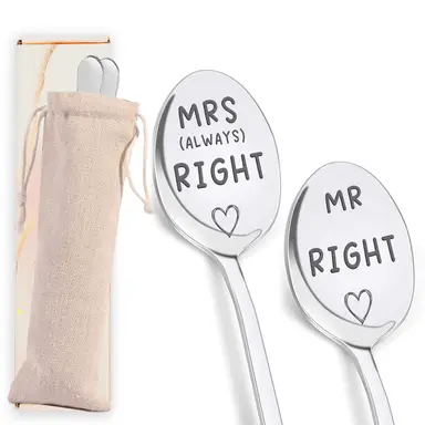 Alphynix 2PC Mr & Mrs Right Spoon Collection, Playful Spouse-Themed Utensils with "Always Right" Humorous Inscriptions, Comes with Storage Pouch