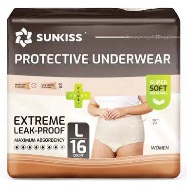 SUNKISS Women Incontinence Underwear, Daytime Disposable Postpartum Adult Panties, Protective Pull Ups with Maximum Absorbency, Large, Beige, 16 Count