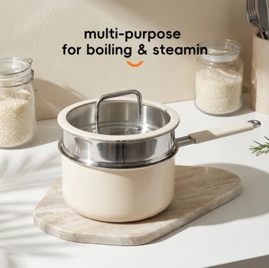 PURECOOK Colored Ceramic-Coated 316 Stainless Steel 2-Piece Milk Pot with Steamer Insert Series | 316 Milk Pot (Exterior: Off-White Ceramic Coating, Interior: 316 Stainless Steel), Stainless Steel Handle Wrapped in Silicone, Earless Steamer Insert, with Silicone Glass Lid