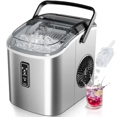 EUHOMY Eiswürfelmaschine, klein, 9 Würfel in 6 Minuten bereit, 12 kg/Tag, selbstreinigend, tragbare Eismaschine mit Tragegriff, Korb und Schaufel, 2 Größen von Eiswürfeln, für Zuhause, Küche, Büro