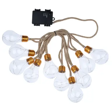 Guirlande lumineuse LED d'extérieur en corde de chanvre avec ampoules transparentes, 10 LED blanc chaud de 50 cm (6 x 9 cm), espacement de 30 cm, câble en chanvre de 50 cm, base en métal doré avec boîtier pour 3 piles AA (fonction minuterie), piles non incluses. (Utilisation extérieure)
