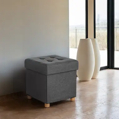 JOYFURNOS Leigrijs opvouwbare ottomane – 38 x 38 x 40 cm, kleine voetenbank & opbergkruk, ondersteunt 300 kg – compact voor woonkamer, slaapkamer of studentenkamer