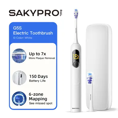 SAKYPRORAL Electric Toothbrush with AI Smart Screen for Adults Kids | 150-Day Battery, Real-Time Brushing Map | Whitening Mode, 3-Min Timer, Travel Case | Family Sonic Electric Tooth Brush (G5S White)