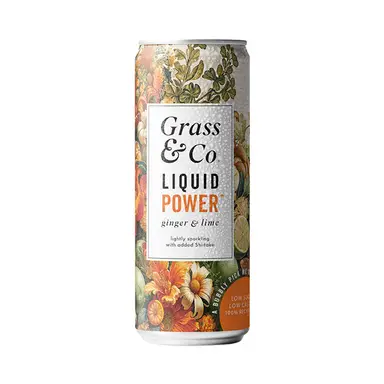 Grass & Co. Liquid POWER Functional Sparkling Drink 250ml Ginger Lime Shiitake with Caffeine Vitamins B6 B12 for Natural Energy