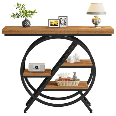 Tribesigns Console Table, 100 cm, Thick Top Industrial Coffee Table, Side Tables with Geometric Metal Frame, for Living Room, Entrance, Rustic Brown