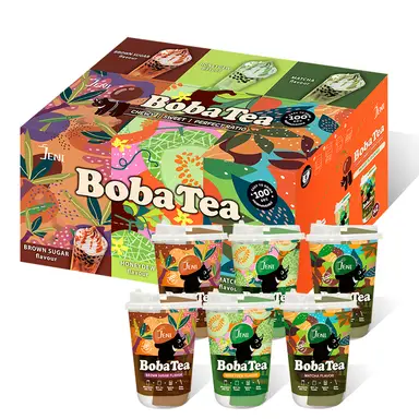 Playbubble Bubble tea in beker, smaakmix, 6 bekers x 85 g (matcha / 2 bekers, honingmeloen / 2 bekers, bruine suiker / 2 bekers)