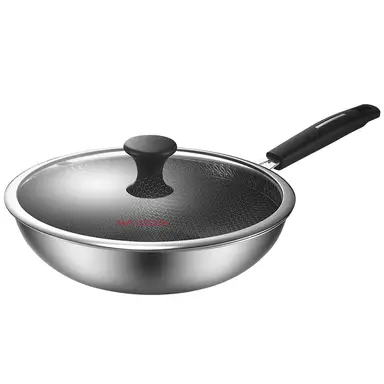 Maxcook Poêle wok 30 cm avec couvercle en verre trempé, intérieur en nid d'abeille antiadhésif en céramique, construction en acier inoxydable composite à 3 couches, poignée froide au toucher, compatible avec les plaques à gaz et à induction, modèle MCC1432