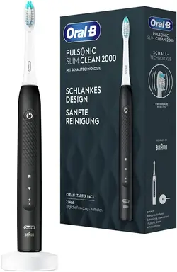Oral-B Pulsonic Slim Clean 2000 Elektrische Schallzahnbürste, 2 Putzmodi für Zahnpflege und gesundes Zahnfleisch mit Timer, Design von Braun, Schwarz, 1 Stück (Packung mit 1)