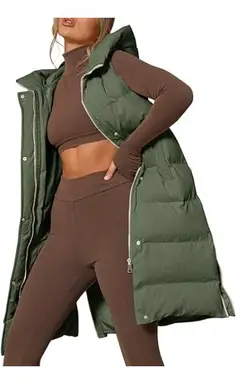 Women's Down Vest with Stand Collar Thick Hooded Sleeveless Long Coats Jacket (ArmyGreen, M)