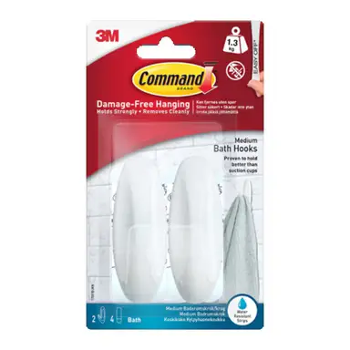 3M Command Bath Medium Designer Hooks 17081B, White, 2 Hooks, 4 Medium Strips