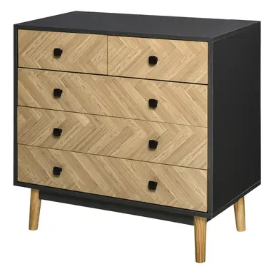 HOMCOM Drawer Chest Herringbone 5 Drawers Black/Oak Effect