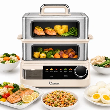 IAGREEA 14L Electric Food Steamer, 2000W Dual-Tier  Cooker with Panoramic Viewing Windows, 2 Stainless Steel Trays, 2.5L External Water Tank, 6 Presets and Timer MS-22ZG21-Q