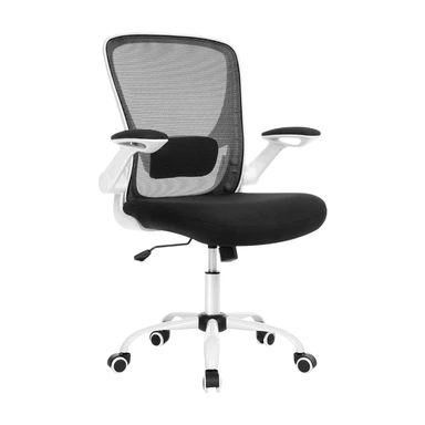 SONGMICS Ergonomischer Leinenvorstandsstuhl, Sessel, gepolsterter Lendenwirbelstütze, Schaukelmechanismus, breite Sitzfläche (53 cm), klappbare Armlehnen, Schwarz und Weiß OBN37WT