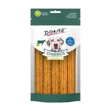 DOKAS – Churros mit Rinderleber, Süßkartoffel & Mehlwurm 150g – Einzigartige Kauform – Getreidefrei, Ohne Zuckerzusatz – Premium Hundesnack