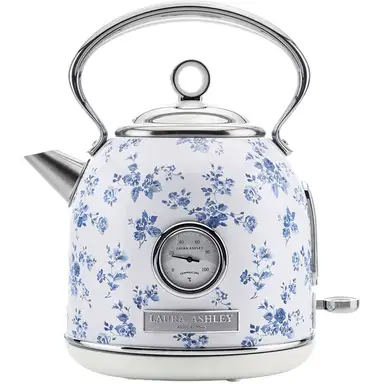 VQ Laura Ashley Retro Dome Kettle, 1.7L, Rapid Boil, Hand-Applied China Rose Print, Vintage, Stainless Steel, Blue Floral - VQSBPKK336LACR